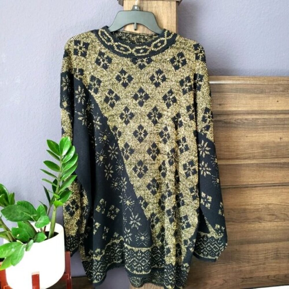 VINTAGE UGLY CHRISTMAS SWEATER-Black Gold Round Neck -SIZE 22W- 1980'S